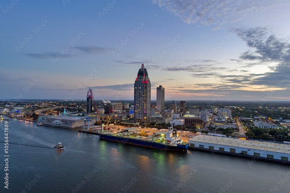 Fototapeta premium Downtown Mobile waterfront skyline at sunset