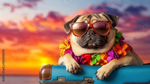Pug with sunglasses, Hawaiian, resting on a suitcase with a sunset background generative ai