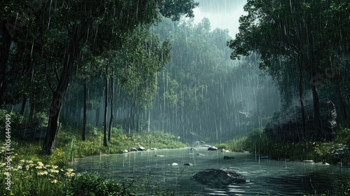 A forest creek in the rain. This image can be used for projects related to nature, weather, or serenity.