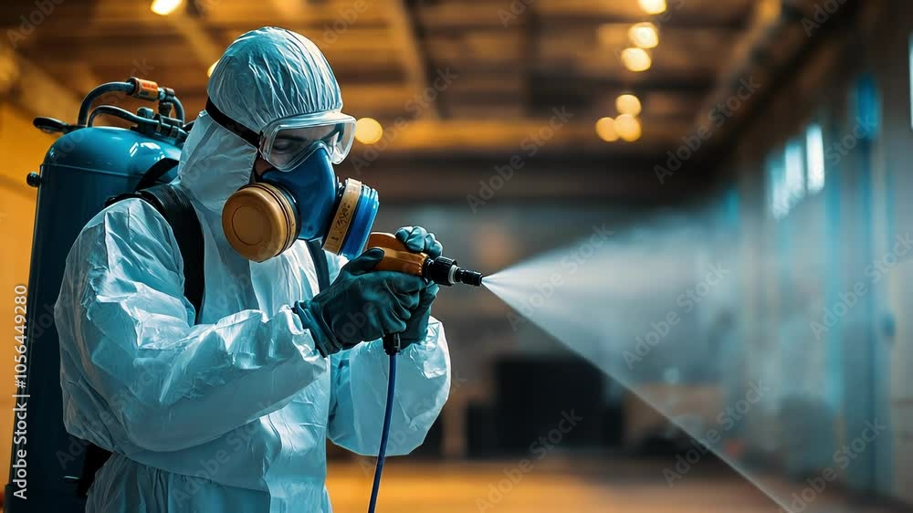 Person in Protective Gear Disinfecting Indoor Space Person in Protective Gear Disinfecting Indoor Space