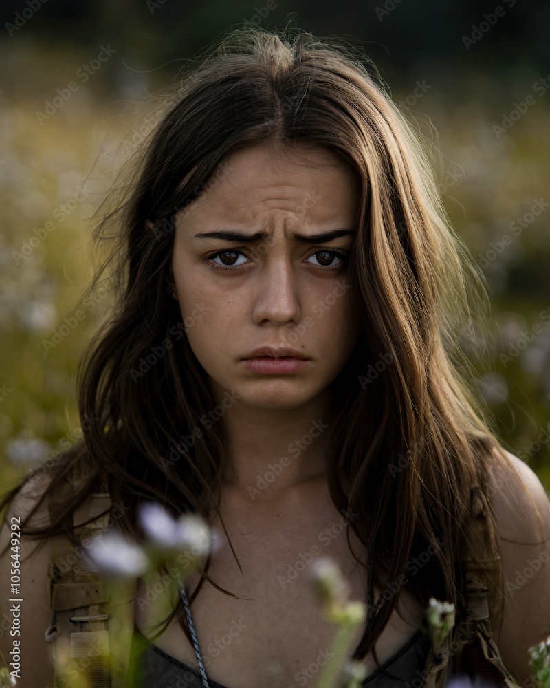 A young woman with an intense and contemplative gaze stands in a field of flowers, evoking emotions of introspection and connection with nature's tranquility. A young woman with an intense and contemplative gaze stands in a field of flowers, evoking emotions of introspection and connection with nature's tranquility.