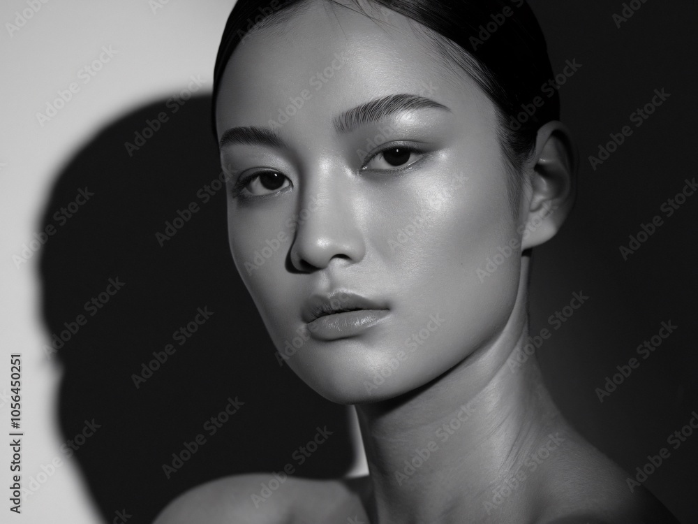 A sophisticated black and white portrait captures a poised individual, highlighting expressive features and smooth skin with deep shadows and soft, even lighting effect. A sophisticated black and white portrait captures a poised individual, highlighting expressive features and smooth skin with deep shadows and soft, even lighting effect.