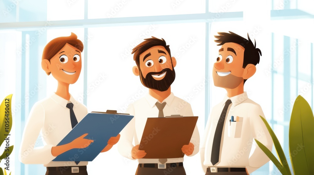 This animated image depicts three professionals in a sunlit office space, standing by a window, reviewing plans and documents with focus and engagement. This animated image depicts three professionals in a sunlit office space, standing by a window, reviewing plans and documents with focus and engagement.