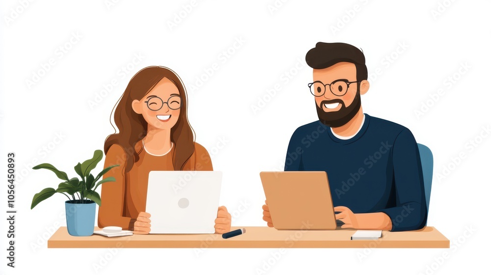 Friendly work environment depicted as two coworkers collaborate across a table, showing a spirited and productive modern office setting filled with teamwork. Friendly work environment depicted as two coworkers collaborate across a table, showing a spirited and productive modern office setting filled with teamwork.