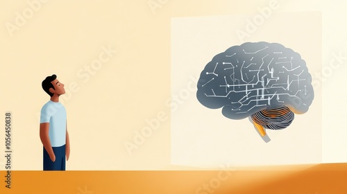 A man in a minimalist setting stands thoughtfully observing a large, digital brain model, representing artificial intelligence and human curiosity's intersection.