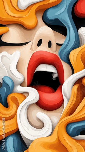 An artistic depiction of a face with closed mouth and flowing, swirling colors enveloping it, representing creativity and vibrant emotional expression in art.