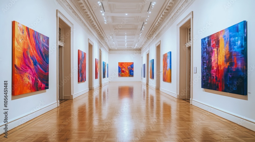 Bold, bright artwork in a traditional art gallery, standing out against the backdrop of more subdued, classic pieces. bold painting, art gallery contrast Bold, bright artwork in a traditional art gallery, standing out against the backdrop of more subdued, classic pieces. bold painting, art gallery contrast