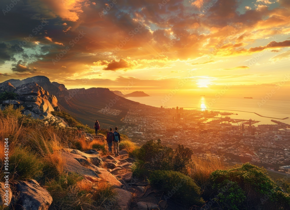 Obraz premium Sunset view from head mountain with people hiking