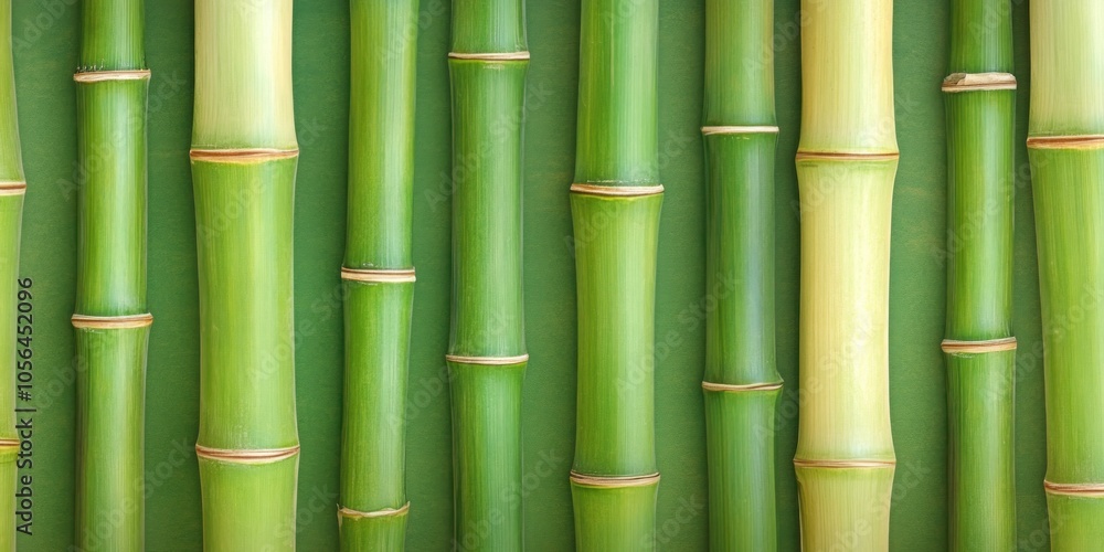 A close-up view of green bamboo stalks arranged vertically. A close-up view of green bamboo stalks arranged vertically.