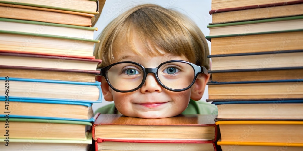 A Young Scholar's Gaze A Child with Glasses Rests Chin on Stack of Books, Surrounded by Knowledge A Young Scholar's Gaze A Child with Glasses Rests Chin on Stack of Books, Surrounded by Knowledge