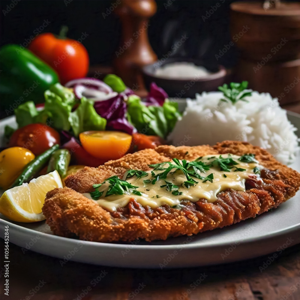 Milanesa de pollo con aderezo, arroz y ensalada Milanesa de pollo con aderezo, arroz y ensalada