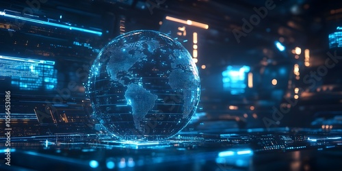 Blue hologram globe with world map with glowing data streams, ai global communication networks, virtual reality simulations, geospatial data visualization, and interactive educational experience