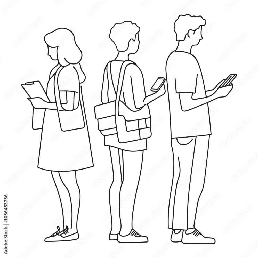 Casual Students Looking at Phones with Backpacks in Outline Style