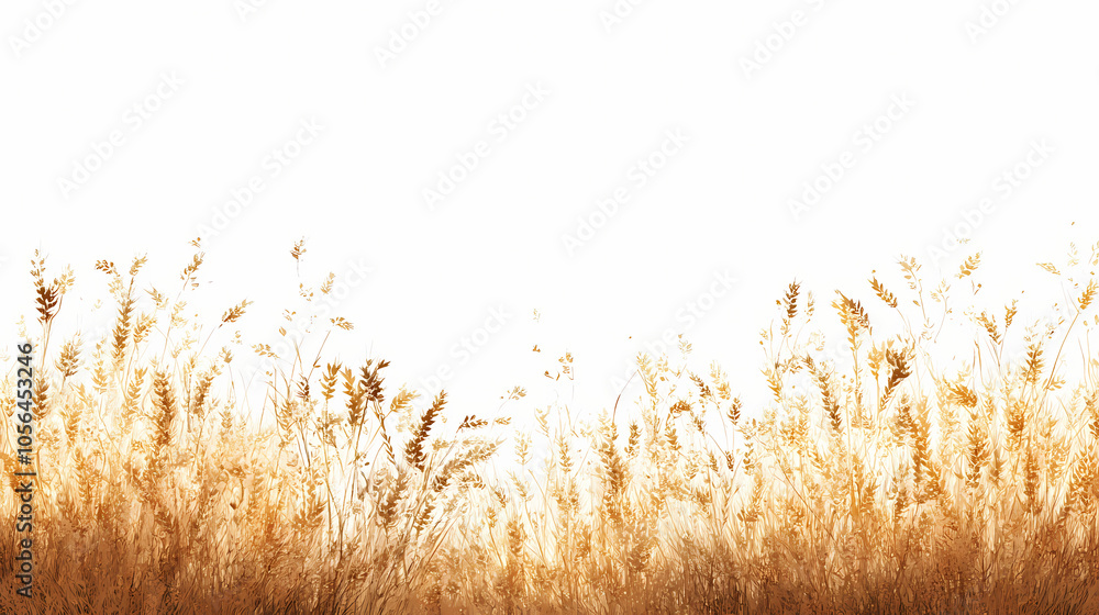 Fototapeta premium Bushes of dry brown wheat field golden autumn harvest of oats isolated on white background. Golden Harvest Fields. Illustration