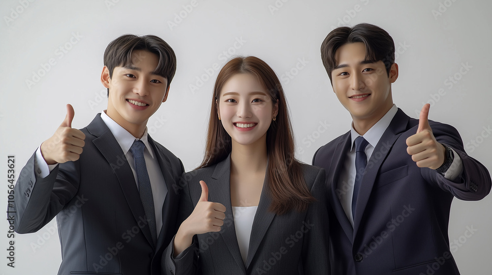 Smiling business team giving thumbs up in studio portrait Smiling business team giving thumbs up in studio portrait