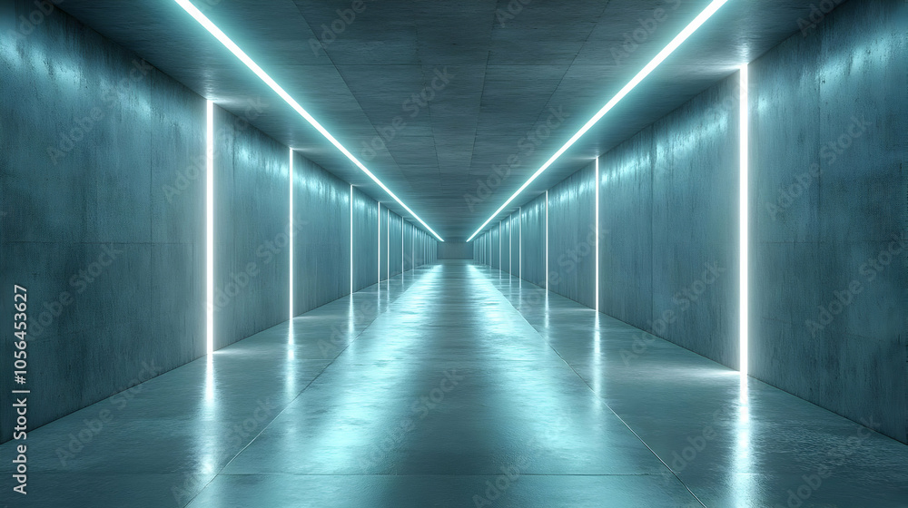 3D Illustration of a Futuristic Concrete Corridor with Bright Neon Lights 3D Illustration of a Futuristic Concrete Corridor with Bright Neon Lights