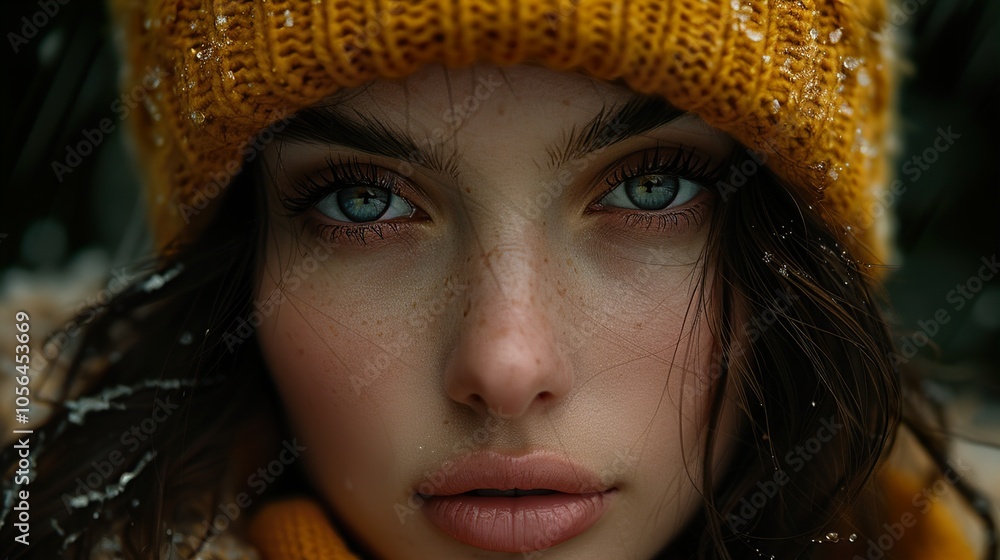 Close-Up Portrait of a Woman with Blue Eyes in a Yellow Knit Hat Close-Up Portrait of a Woman with Blue Eyes in a Yellow Knit Hat