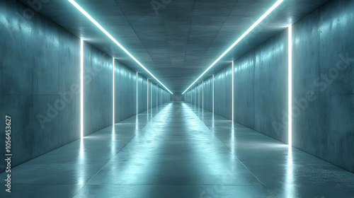 3D Illustration of a Futuristic Concrete Corridor with Bright Neon Lights