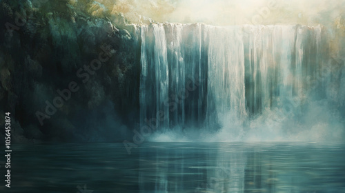 Serene Waterfall Misty Landscape Painting