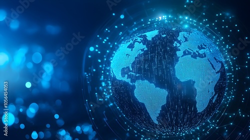 Blue hologram globe with world map with glowing data streams, ai global communication networks, virtual reality simulations, geospatial data visualization, and interactive educational experience