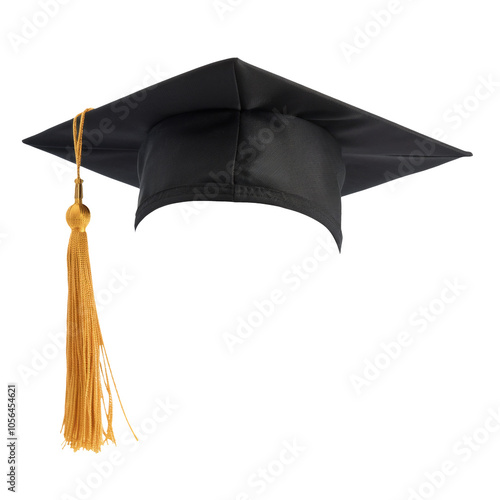 Graduation hat; Academic cap or Mortarboard in black isolated on white background with clipping path for educational phd hat design mockup and school commencement hat mock-up template