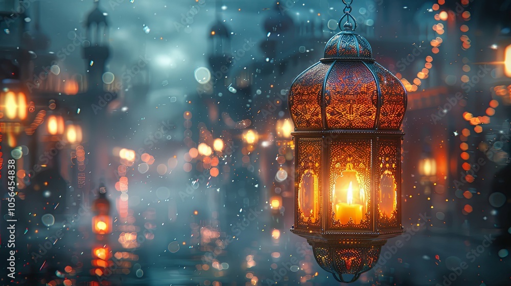 Festive Invitation Featuring an Ornamental Arabic Lantern Illuminated by a Candle, Celebrating Ramadan Kareem Festive Invitation Featuring an Ornamental Arabic Lantern Illuminated by a Candle, Celebrating Ramadan Kareem
