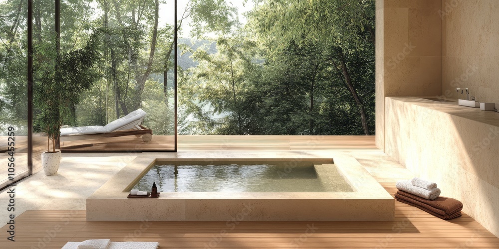 A large bathtub with a view of a forest and a lake. The bathtub is surrounded by a wooden floor and a wooden bench A large bathtub with a view of a forest and a lake. The bathtub is surrounded by a wooden floor and a wooden bench