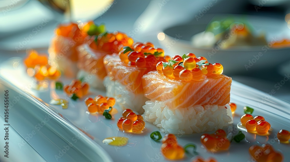 Fancy Presentation of Salmon Steak Topped with Salmon Roe, Paired with White Wine on an Airplane with Scenic Sky View Fancy Presentation of Salmon Steak Topped with Salmon Roe, Paired with White Wine on an Airplane with Scenic Sky View