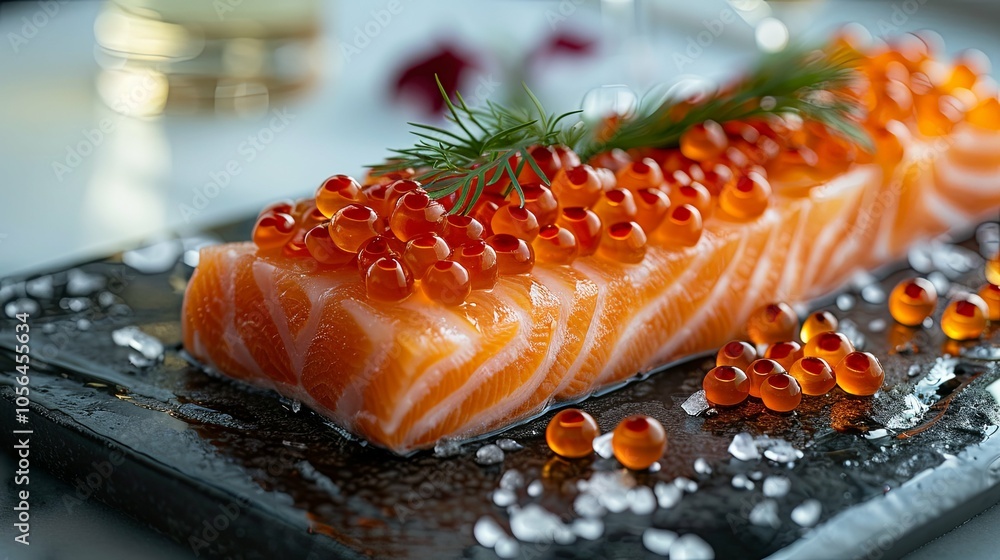 Elegant Salmon Steak Garnished with Salmon Roe, Served with White Wine Against a Stunning Sky View on an Airplane Elegant Salmon Steak Garnished with Salmon Roe, Served with White Wine Against a Stunning Sky View on an Airplane