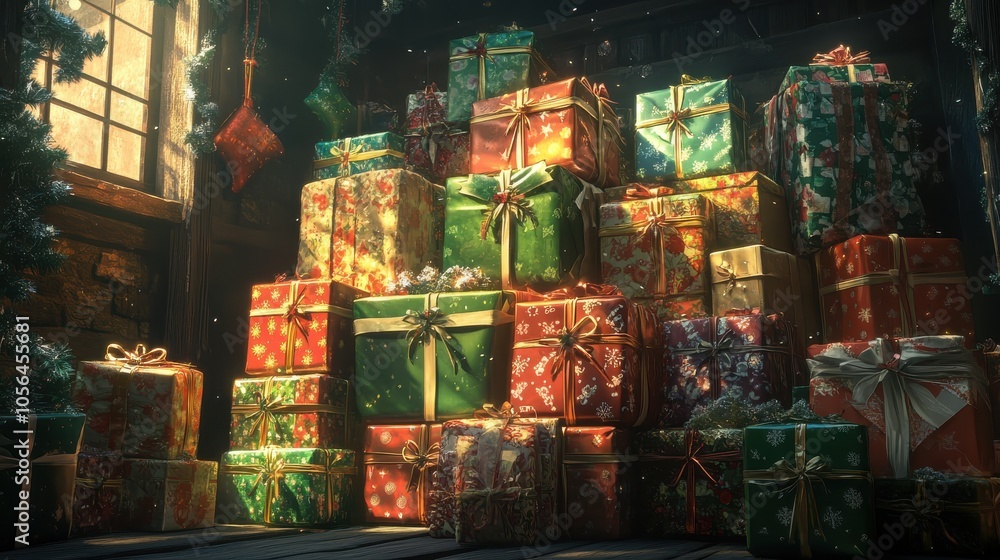 A stack of beautifully wrapped holiday presents in various sizes and styles focus on, giftwrapping inspiration, vibrant, fusion, holiday party backdrop A stack of beautifully wrapped holiday presents in various sizes and styles focus on, giftwrapping inspiration, vibrant, fusion, holiday party backdrop