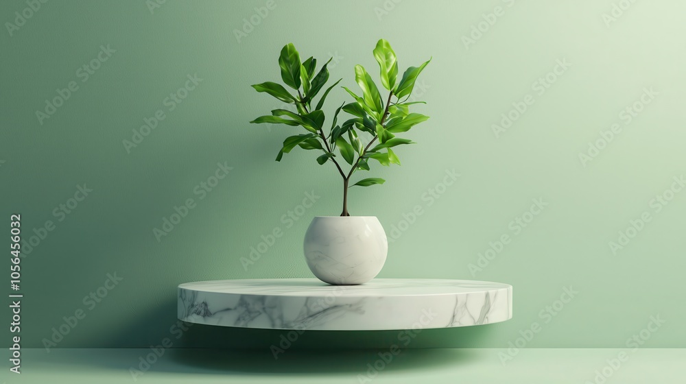 A stylish indoor plant sits on a marble shelf against a soft green wall, adding a touch of nature to the minimalist decor. A stylish indoor plant sits on a marble shelf against a soft green wall, adding a touch of nature to the minimalist decor.