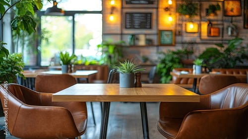 Empty wooden table in a modern restaurant. Perfect for showcasing food, drinks, or products.