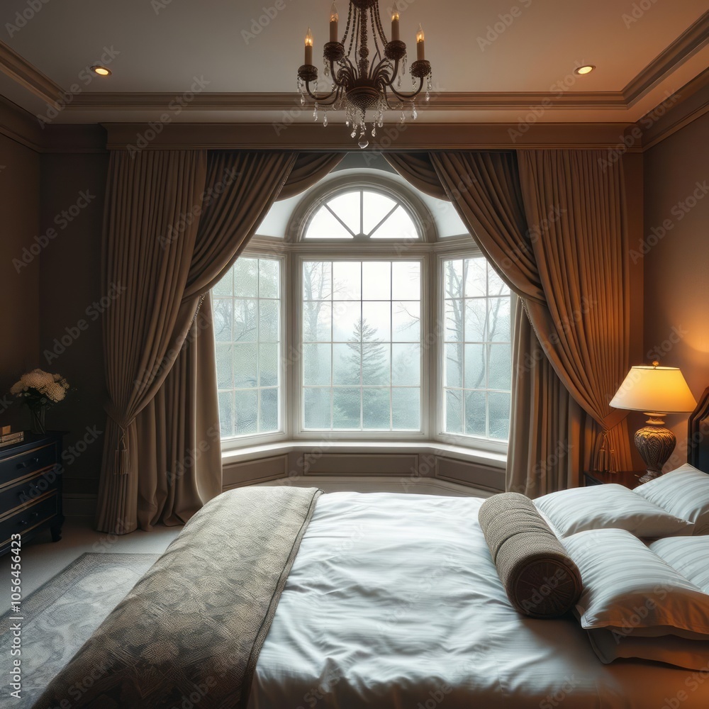 Luxurious master bedroom with a bay window overlooking a forest ...