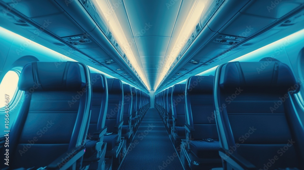 Empty airplane seats with blue lighting. This photo can be used for travel, transportation, or airline industry related content. Empty airplane seats with blue lighting. This photo can be used for travel, transportation, or airline industry related content.