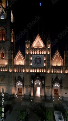 Aerial dronie shot at night moving away from the illuminated Expiatory Temple in Guadalajara, showcasing its stunning architecture photo