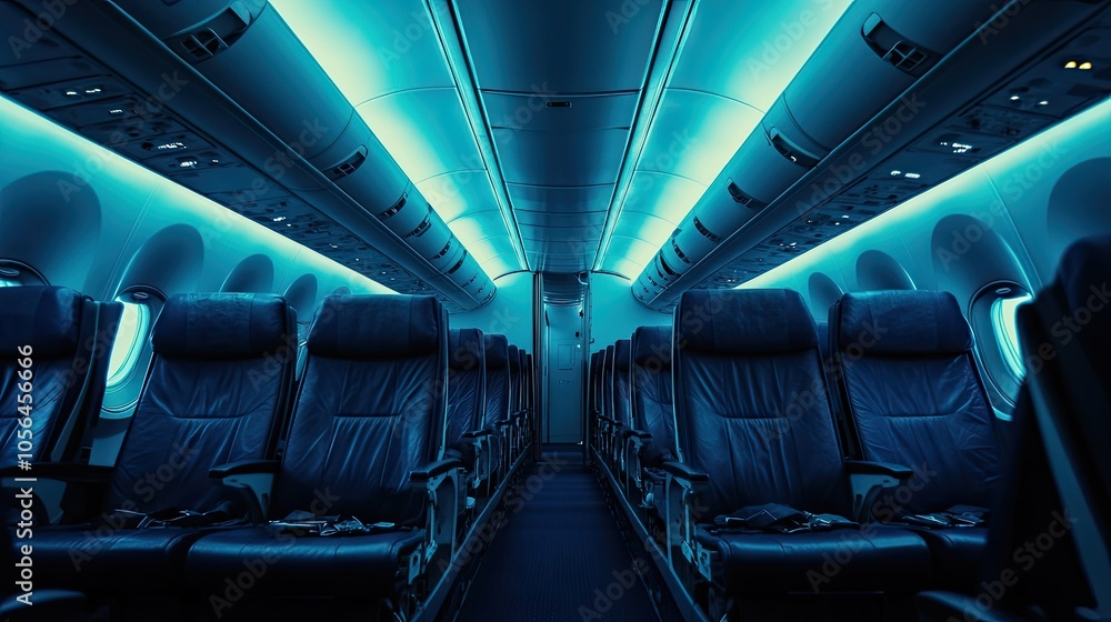 Empty airplane cabin with blue light. The image shows the interior of an airplane, ideal for illustrating travel, transportation, and aviation concepts. Empty airplane cabin with blue light. The image shows the interior of an airplane, ideal for illustrating travel, transportation, and aviation concepts.