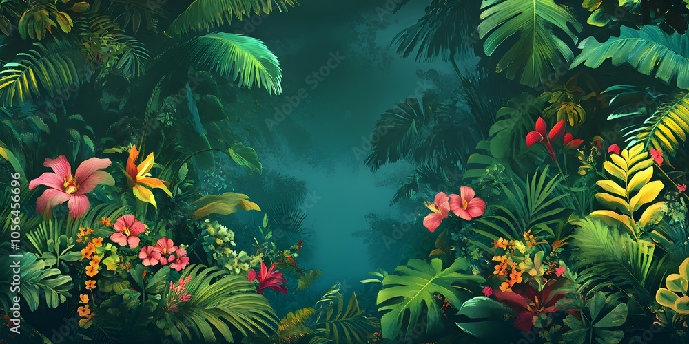 A banner featuring the lush greens and exotic floral of the Amazon Rainforest. a Brazil-Themed Banner Design A banner featuring the lush greens and exotic floral of the Amazon Rainforest. a Brazil-Themed Banner Design