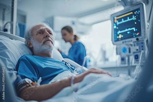 A sick man lies in a hospital bed. This image is perfect for illustrating articles about healthcare, illness, or recovery.