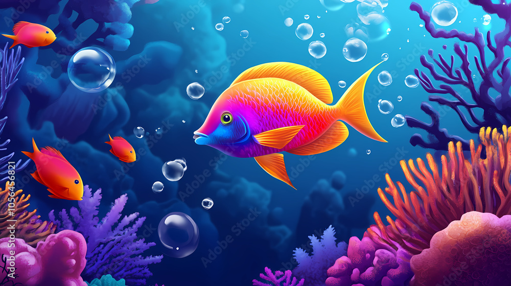 Fototapeta premium A vibrant, iridescent fish swims through a coral reef, with bubbles rising around it. Coral Reef at Dawn. Illustration