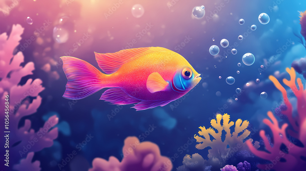 A vibrant, iridescent fish swims through a coral reef, with bubbles rising around it. Coral Reef at Dawn. Illustration A vibrant, iridescent fish swims through a coral reef, with bubbles rising around it. Coral Reef at Dawn. Illustration