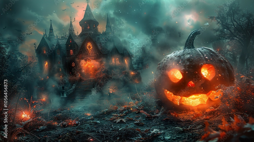 Spooky Halloween Night with Jack-O-Lantern and Haunted Castle Spooky Halloween Night with Jack-O-Lantern and Haunted Castle