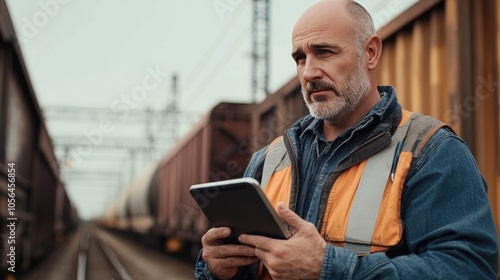 A railroad worker using a tablet. The photo shows a railway worker using technology for work.