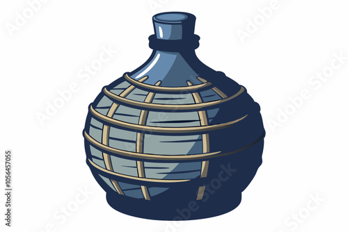 Old demijohn wicker-wrapped glass bottle isolated on a white background