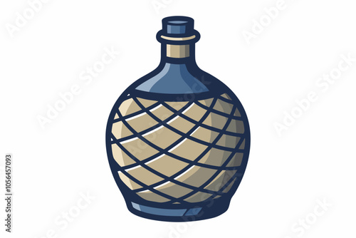 Old demijohn wicker-wrapped glass bottle isolated on a white background