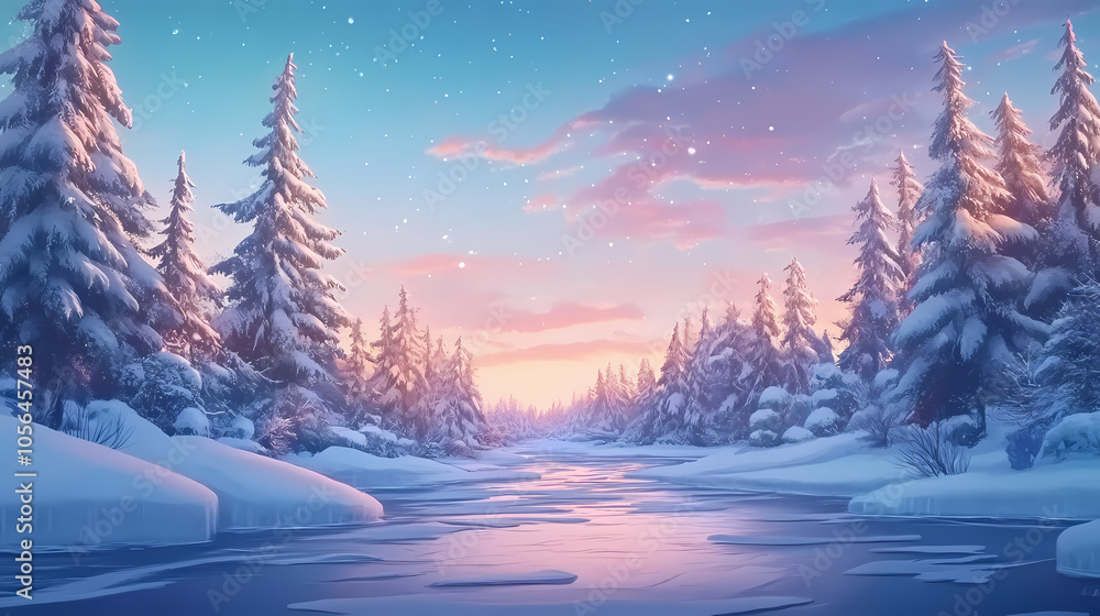 A winter landscape, with snow-covered trees and a frozen river, the sky tinged with the pinks and blues of a winter sunset. Frozen River. Illustration A winter landscape, with snow-covered trees and a frozen river, the sky tinged with the pinks and blues of a winter sunset. Frozen River. Illustration