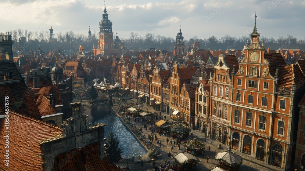 Fototapeta premium Travelers exploring a vibrant holiday market in a European city as part of a holiday travel package focus on