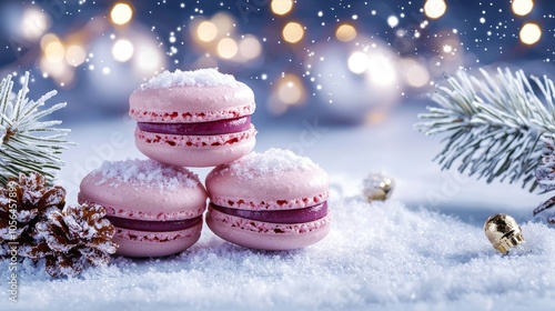 Cute macarons resembling Santa's gloves, paired with snow-dusted garlands and sparkling holiday lights, an inviting Christmas atmosphere