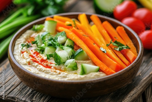 Hummus bowl with carrots, cucumbers, and parsley. Perfect for a healthy snack or meal.