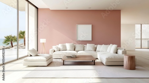 A beige living room with blush pink accent wall and white minimalist furniture