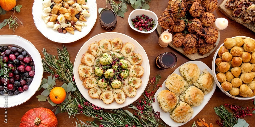 A table full of food with a variety of dishes including a pumpkin pie A table full of food with a variety of dishes including a pumpkin pie